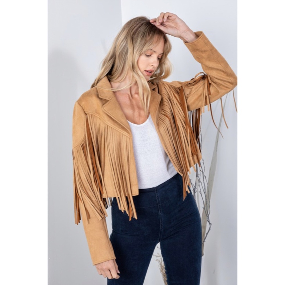 SOLD OUT Camel Faux Leather Suede Fringe Cropped Western Boho Moto Jacket - Picture 4 of 11